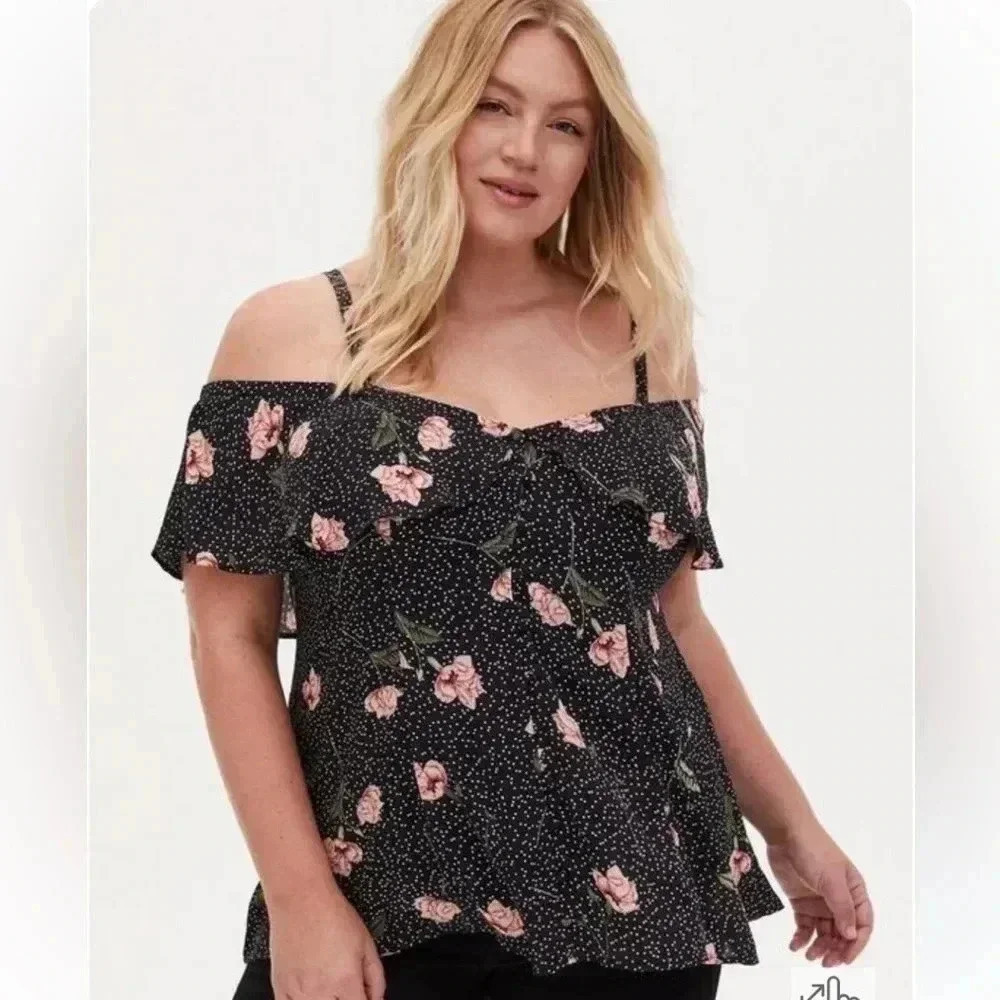 NWT Torrid Georgette Ruffle Cold Shoulder Blouse Floral Black Sz 4X (26)